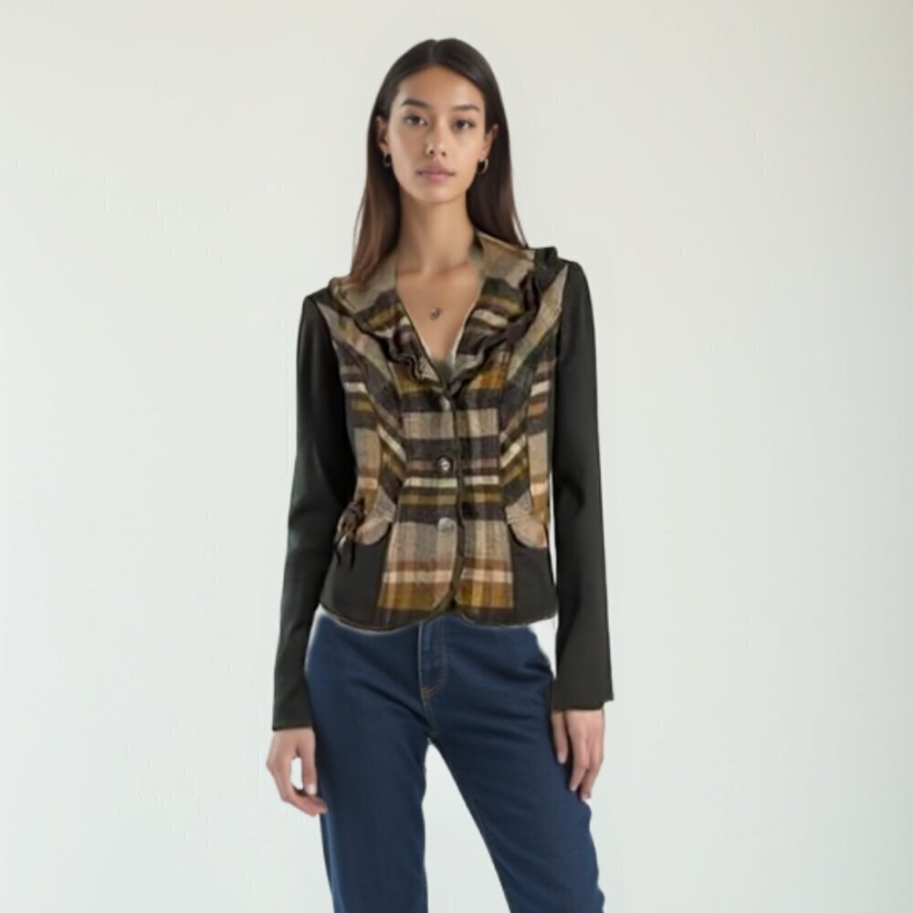 ❤️ CRiSCA Plaid wool blend Women's Jacket with Ruffle Collar 6